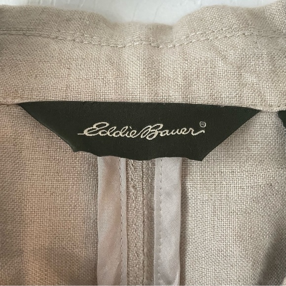 Eddie Bauer 100% linen khaki belted button up blazer blouse size 8 petite - Picture 6 of 10